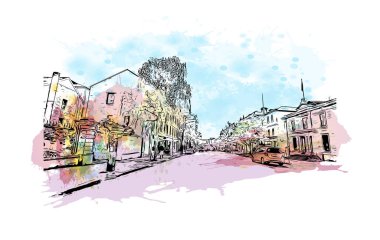 Print Building view with landmark of Hobart is the city of Australia. Vektörde elle çizilmiş resim ile suluboya sıçraması.