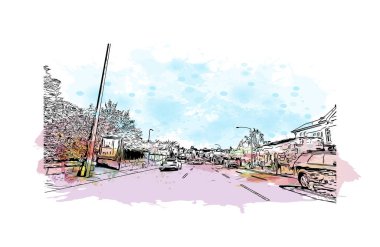 Print Building view with landmark of Hobart is the city of Australia. Vektörde elle çizilmiş resim ile suluboya sıçraması.