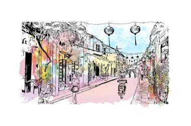 Print Building view with landmark of Hoi An is a city on Vietnam. Vektörde elle çizilmiş resim ile suluboya sıçraması.