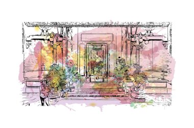 Print Building view with landmark of Hoi An is a city on Vietnam. Vektörde elle çizilmiş resim ile suluboya sıçraması.