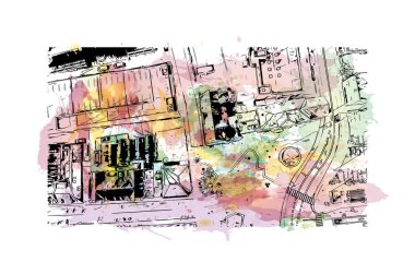 Print Building view with landmark of Horsens, Danimarka 'da bir şehirdir. Vektörde elle çizilmiş resim ile suluboya sıçraması.