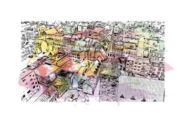 Print Building view with landmark of Horsens, Danimarka 'da bir şehirdir. Vektörde elle çizilmiş resim ile suluboya sıçraması.