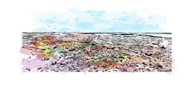 Print Building view with landmark of Horsens, Danimarka 'da bir şehirdir. Vektörde elle çizilmiş resim ile suluboya sıçraması.