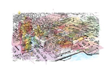 Print Building view with landmark of Horsens, Danimarka 'da bir şehirdir. Vektörde elle çizilmiş resim ile suluboya sıçraması.