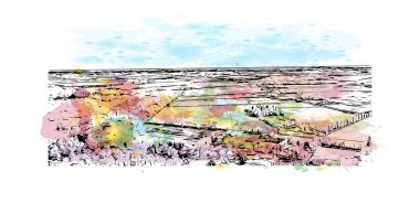 Print Building view with landmark of Horsens, Danimarka 'da bir şehirdir. Vektörde elle çizilmiş resim ile suluboya sıçraması.