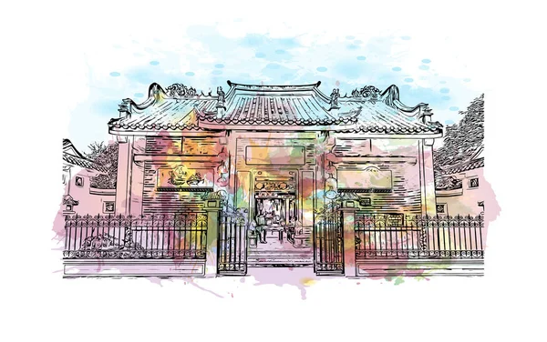 Print Building View Landmark Hoi Stad Vietnam Akvarell Stänk Med — Stock vektor
