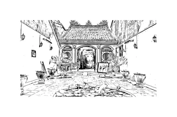 Vytisknout Stavební Pohled Orientačním Bodem Hoi Město Vietnamu Ručně Kreslená — Stockový vektor