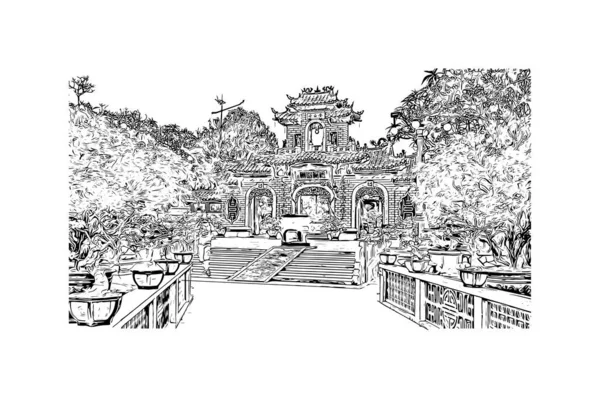 Print Building Vista Com Marco Hoi Uma Cidade Vietnã Desenho — Vetor de Stock
