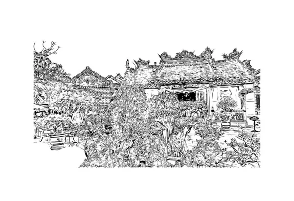 Прінт Білдінг Орієнтиром Хой Місто Єтнамі Намальована Вручну Ілюстрація Векторі — стоковий вектор