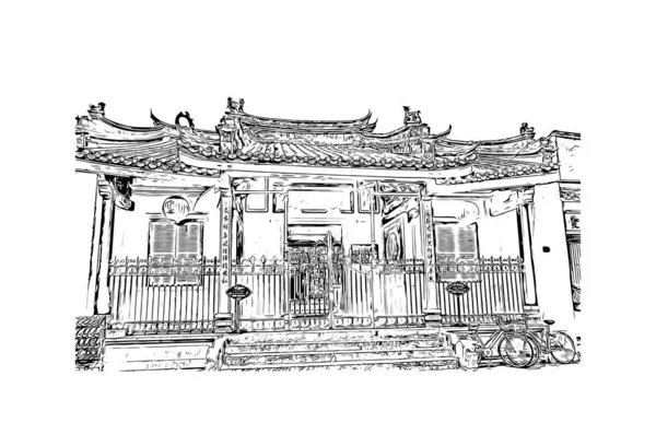 Print Building View Landmark Hoi Stad Vietnam Handritad Skiss Illustration — Stock vektor