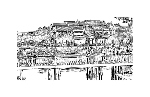 Vytisknout Stavební Pohled Orientačním Bodem Hoi Město Vietnamu Ručně Kreslená — Stockový vektor