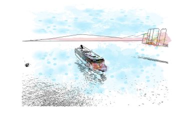 Print Building view with landmark of Hong Kong is the Chinese special government area. Vektörde elle çizilmiş resim ile suluboya sıçraması.