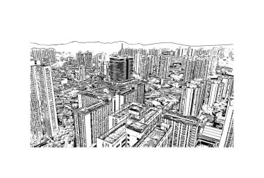 Print Building view with landmark of Hong Kong is the Chinese special government area. Vektörde elle çizilmiş çizim çizimi.