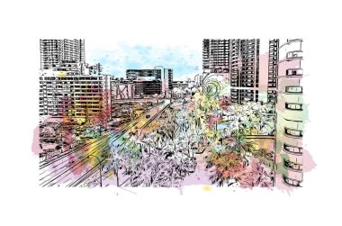 Print Building view with landmark of Hollywood is a city in Florida. Vektörde elle çizilmiş resim ile suluboya sıçraması.