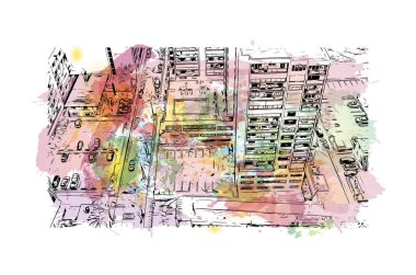 Print Building view with landmark of Hollywood is a city in Florida. Vektörde elle çizilmiş resim ile suluboya sıçraması.