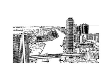 Print Building view with landmark of Hollywood is a city in Florida. Vektörde elle çizilmiş çizim çizimi.