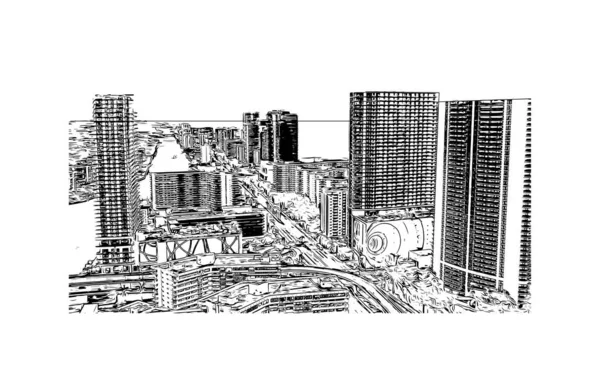 Print Building View Landmark Hollywood City Florida Ručně Kreslená Kresba — Stockový vektor