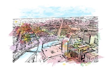 Flint 'in simgesi olan Print Building Manzarası Michigan' daki bir şehirdir. Vektörde elle çizilmiş resim ile suluboya sıçraması.