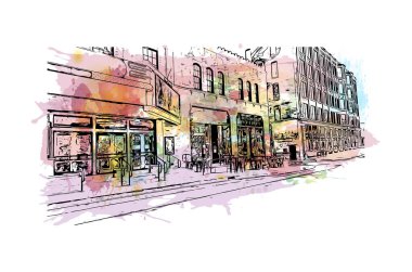 Flint 'in simgesi olan Print Building Manzarası Michigan' daki bir şehirdir. Vektörde elle çizilmiş resim ile suluboya sıçraması.