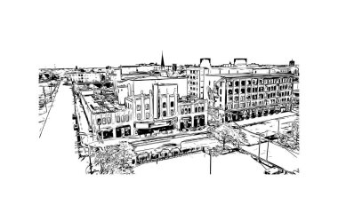 Flint 'in simgesi olan Print Building Manzarası Michigan' daki bir şehirdir. Vektörde elle çizilmiş çizim çizimi.