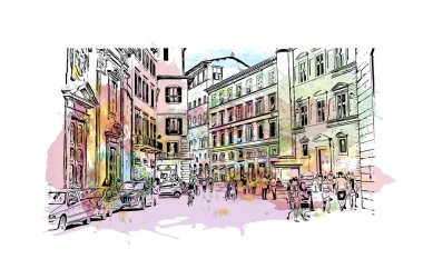Floransa 'nın simgesi olan Print Building Manzarası İtalya' daki bir şehirdir. Vektörde elle çizilmiş resim ile suluboya sıçraması.