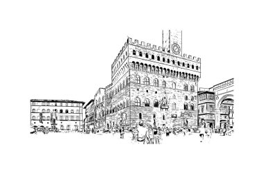 Floransa 'nın simgesi olan Print Building Manzarası İtalya' daki bir şehirdir. Vektörde elle çizilmiş çizim çizimi.