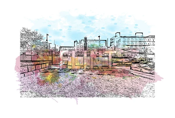 带有弗林特地标的印刷建筑景观是密歇根州的一个城市 矢量手绘示意图水彩画 — 图库矢量图片