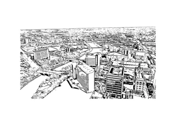 Print Building View Landmark Flint Staden Michigan Handritad Skiss Illustration — Stock vektor