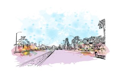 Print Building view with landmark of Fontana, Kaliforniya 'da bir şehirdir. Vektörde elle çizilmiş resim ile suluboya sıçraması.