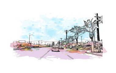 Print Building view with landmark of Fontana, Kaliforniya 'da bir şehirdir. Vektörde elle çizilmiş resim ile suluboya sıçraması.