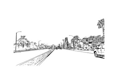 Print Building view with landmark of Fontana, Kaliforniya 'da bir şehirdir. Vektörde elle çizilmiş çizim çizimi.