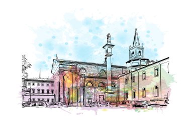 Print Building view with landmark of Forli is a city of Italy. Vektörde elle çizilmiş resim ile suluboya sıçraması.