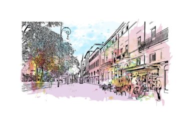 Print Building view with landmark of Forli is a city of Italy. Vektörde elle çizilmiş resim ile suluboya sıçraması.