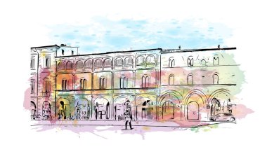 Print Building view with landmark of Forli is a city of Italy. Vektörde elle çizilmiş resim ile suluboya sıçraması.