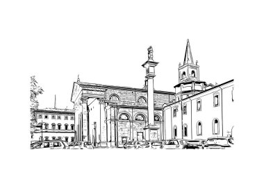 Print Building view with landmark of Forli is a city of Italy. Vektörde elle çizilmiş çizim çizimi.
