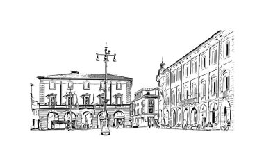 Print Building view with landmark of Forli is a city of Italy. Vektörde elle çizilmiş çizim çizimi.