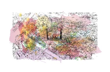 Fayalabad 'ın simgesi olan Print Building View, Pakistan' da bir şehirdir. Vektörde elle çizilmiş resim ile suluboya sıçraması.