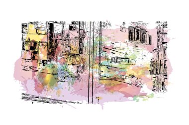 Fayalabad 'ın simgesi olan Print Building View, Pakistan' da bir şehirdir. Vektörde elle çizilmiş resim ile suluboya sıçraması.