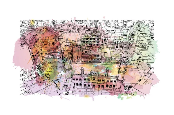 具有费萨拉巴德地标的印刷建筑景观是巴基斯坦的城市 矢量手绘示意图水彩画 — 图库矢量图片