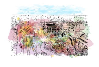 Fort Collins manzaralı bir baskı binası kuzey Colorado 'da bir şehirdir. Vektörde elle çizilmiş resim ile suluboya sıçraması.