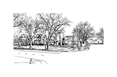 Fort Collins manzaralı bir baskı binası kuzey Colorado 'da bir şehirdir. Vektörde elle çizilmiş çizim çizimi.