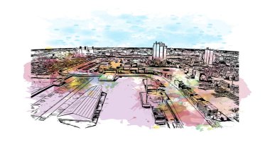 Fort Lauderdale manzaralı Print Building, Florida 'da bir şehirdir. Vektörde elle çizilmiş resim ile suluboya sıçraması.