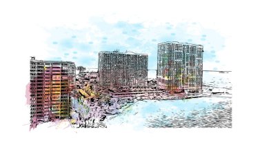 Fort Lauderdale manzaralı Print Building, Florida 'da bir şehirdir. Vektörde elle çizilmiş resim ile suluboya sıçraması.