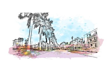 Fort Lauderdale manzaralı Print Building, Florida 'da bir şehirdir. Vektörde elle çizilmiş resim ile suluboya sıçraması.