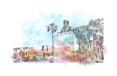 Fort Myers 'ın simgesi olan Print Building View Florida' da bulunmaktadır. Vektörde elle çizilmiş resim ile suluboya sıçraması.