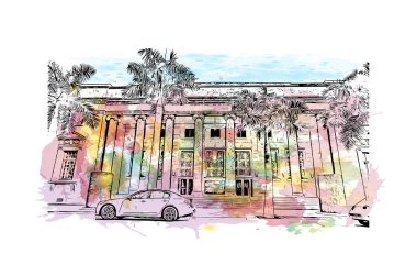 Fort Myers 'ın simgesi olan Print Building View Florida' da bulunmaktadır. Vektörde elle çizilmiş resim ile suluboya sıçraması.