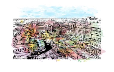 Fort Myers 'ın simgesi olan Print Building View Florida' da bulunmaktadır. Vektörde elle çizilmiş resim ile suluboya sıçraması.