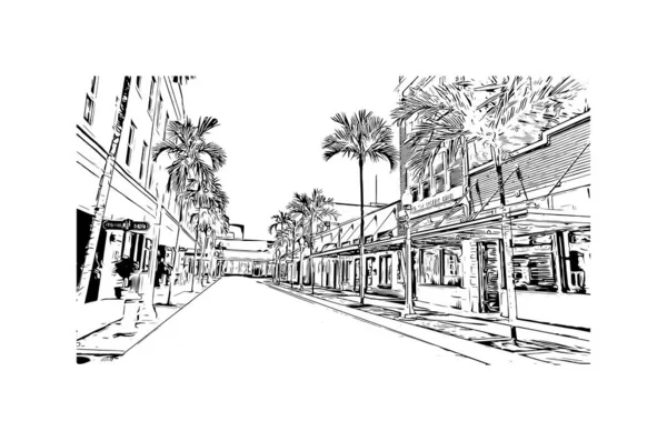 Drukuj Widok Budynku Zabytkiem Fort Myers Jest Miasto Florydzie Ręcznie — Wektor stockowy