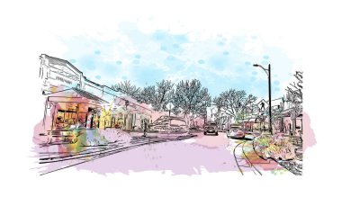 Print Building view with landmark of Grand Junction Colorado 'da bir şehirdir. Vektörde elle çizilmiş resim ile suluboya sıçraması.