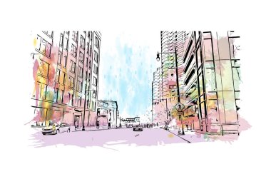 Grand Rapids 'in simgesi olan Print Building View Michigan' da bulunmaktadır. Vektörde elle çizilmiş resim ile suluboya sıçraması.